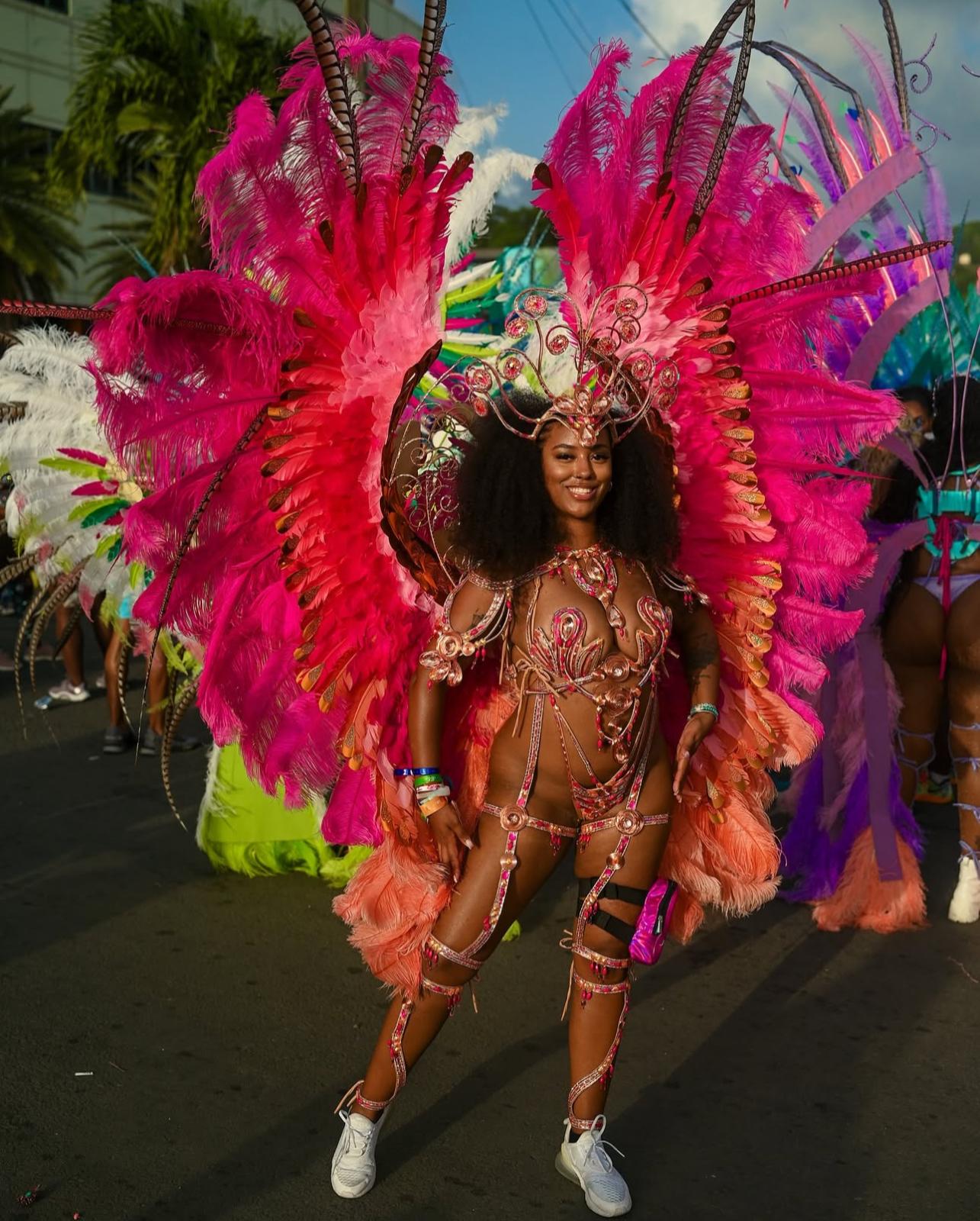 Masquerader in a pink and gold feathered costume at Saint Lucia Carnival