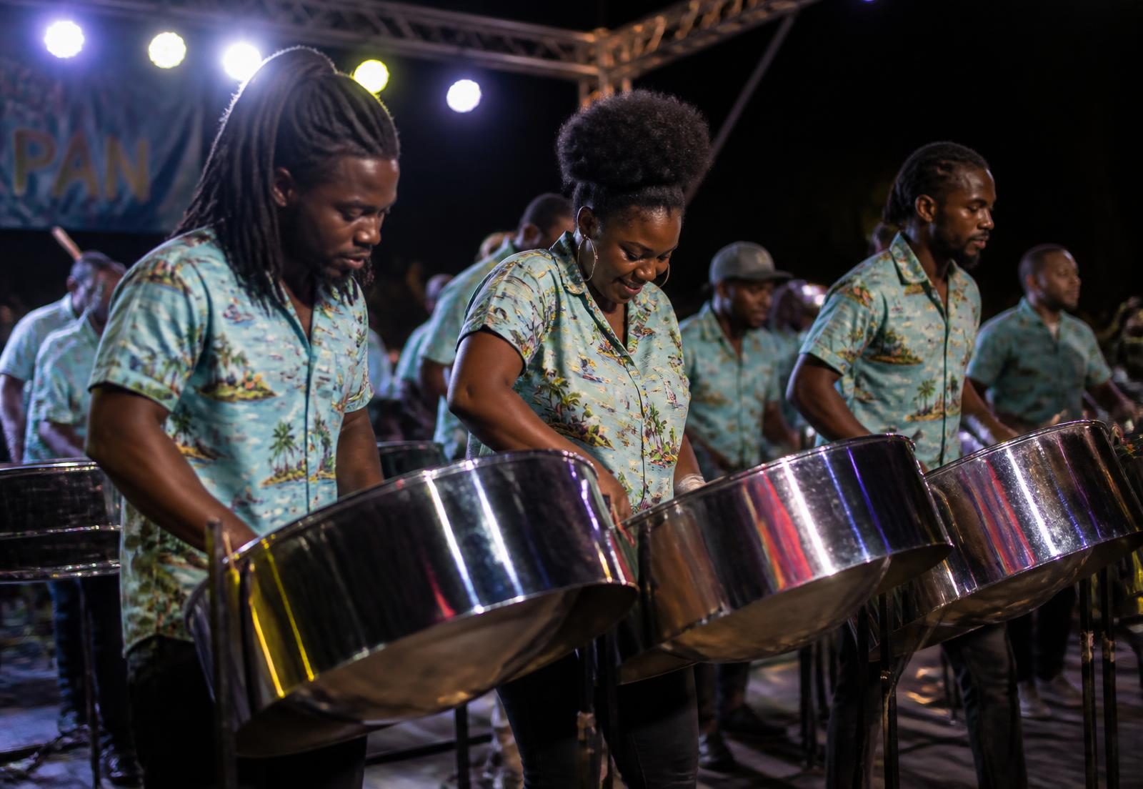 Steelpan orchestra performing at night